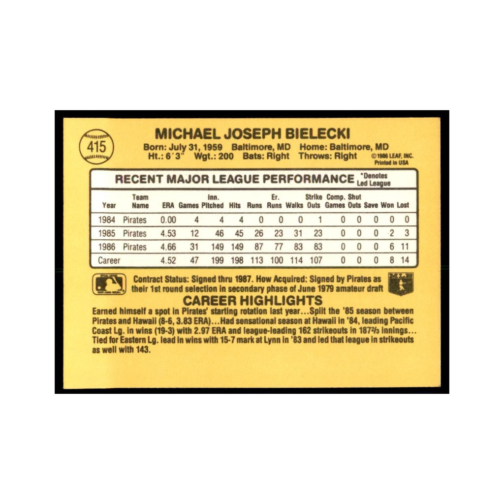 1987 Donruss Mike Bielecki Baseball Cards #415