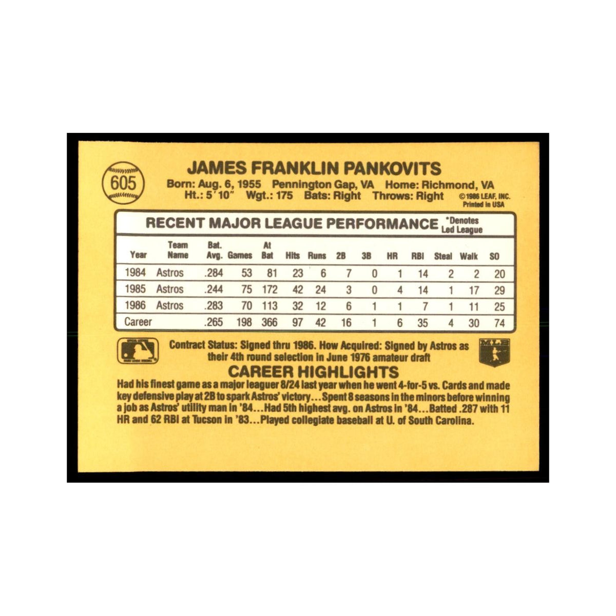 1987 Donruss Jim Pankovits Baseball Cards #605