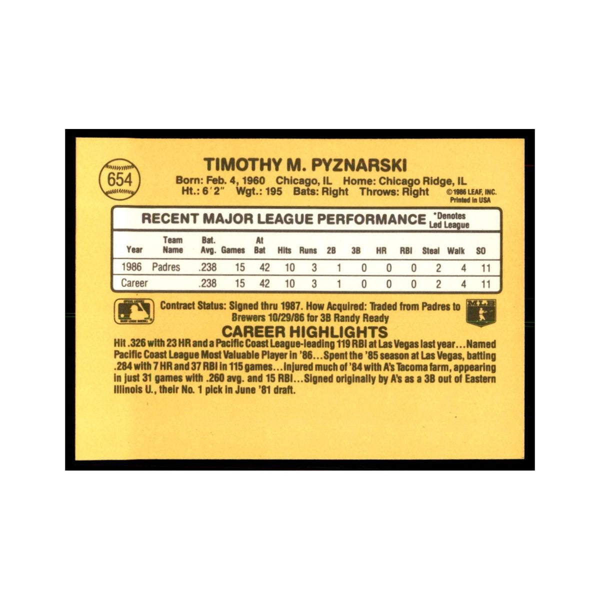 1987 Donruss Tim Pyznarski Baseball Cards #654