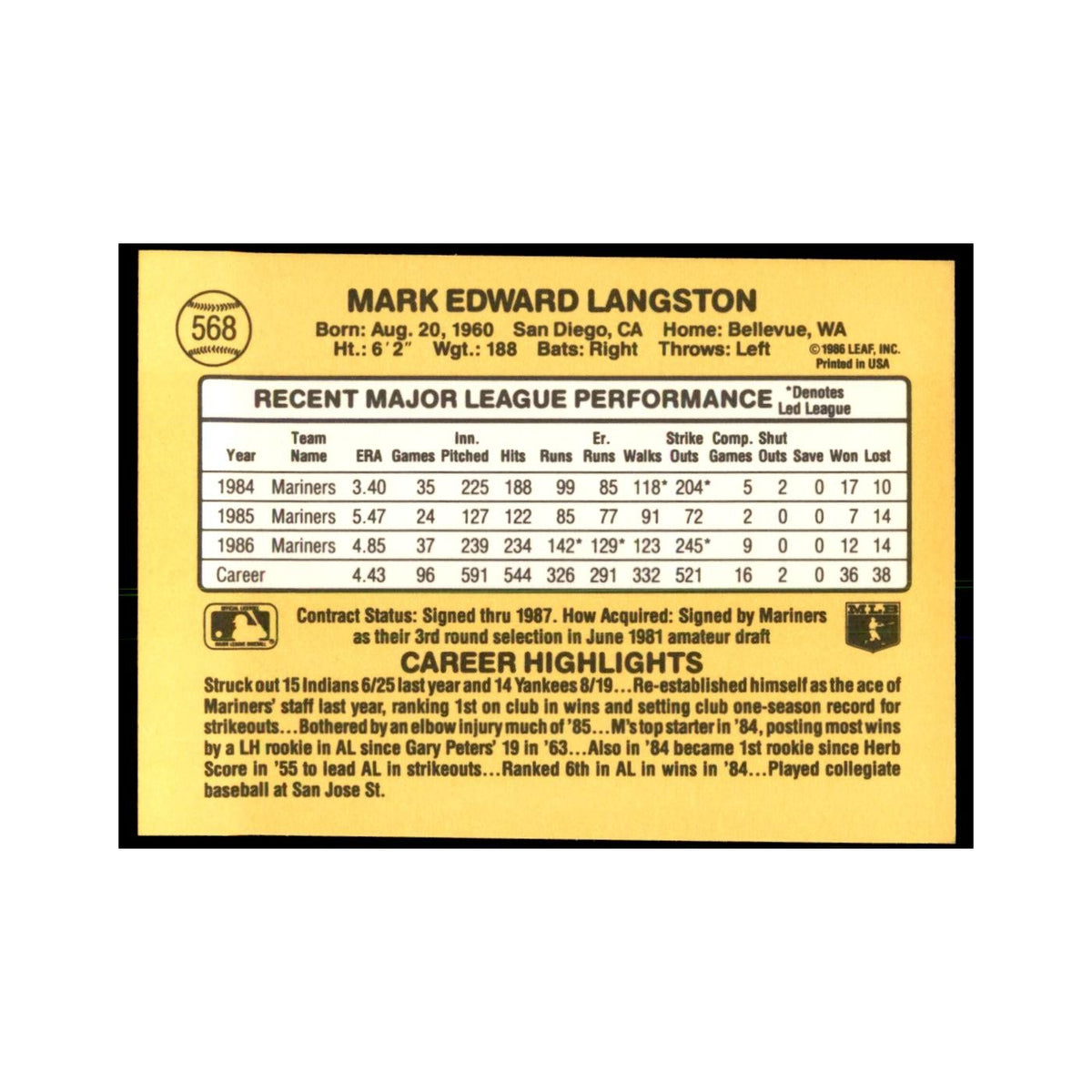 1987 Donruss Mark Langston Baseball Cards #568