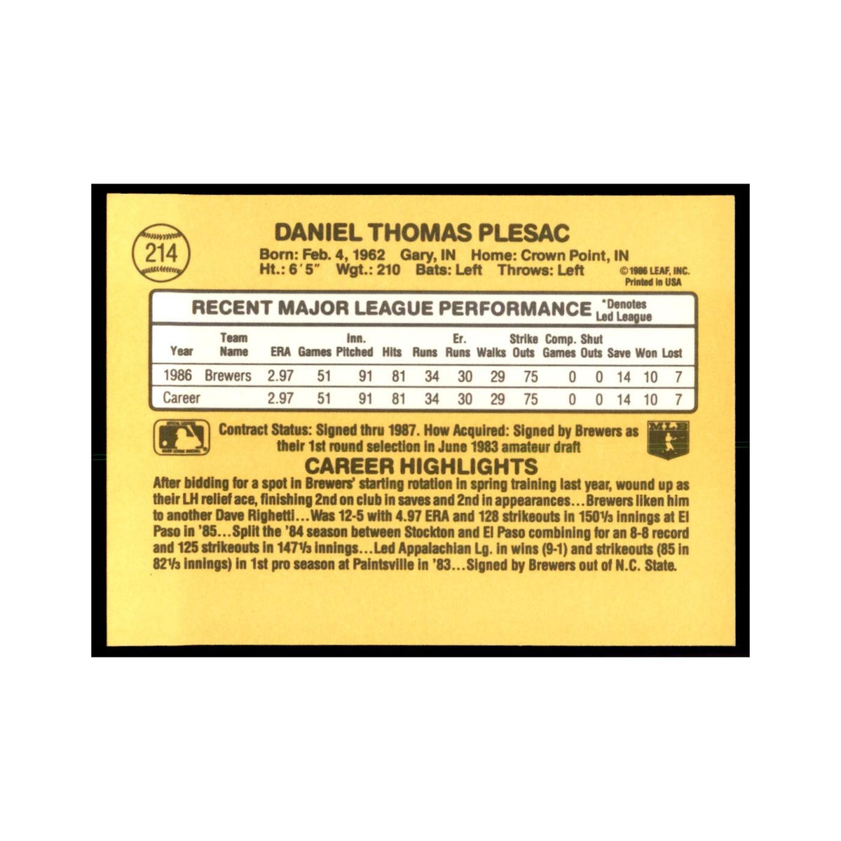 1987 Donruss Dan Plesac Baseball Cards #214