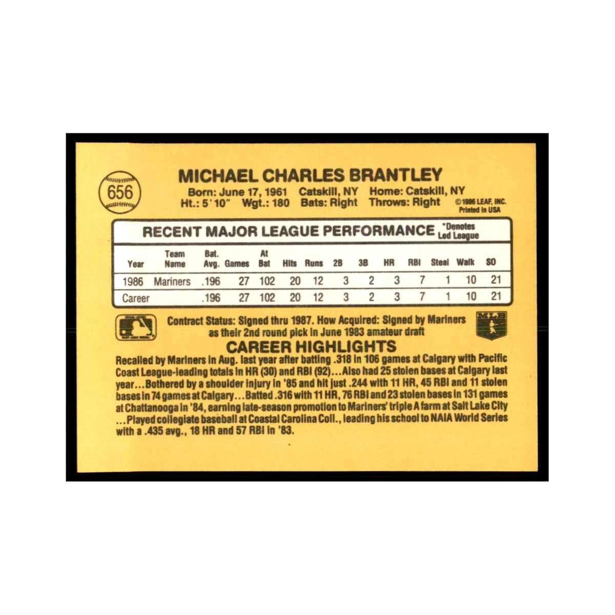 1987 Donruss Mickey Brantley Baseball Cards #656