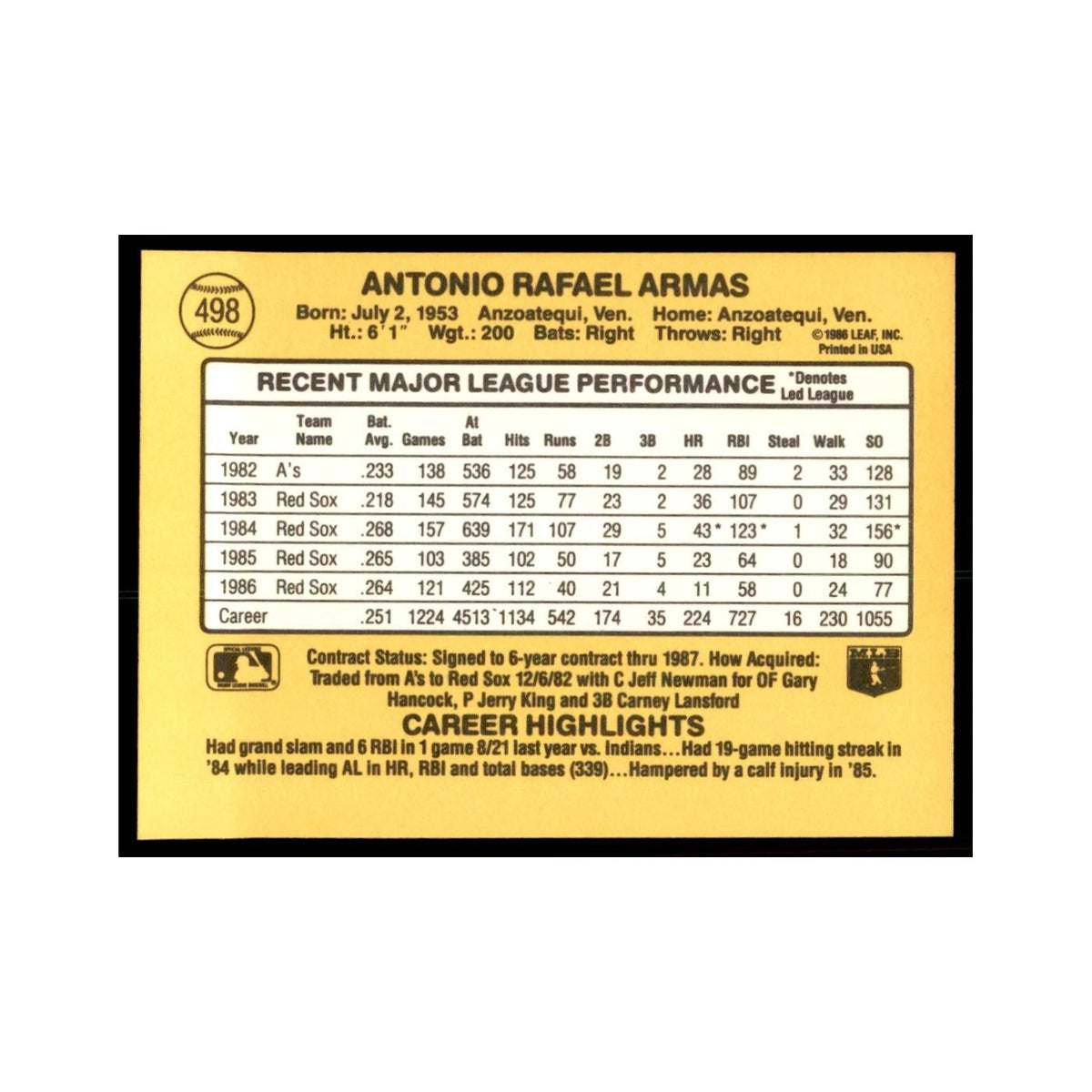 1987 Donruss Tony Armas Baseball Cards #498