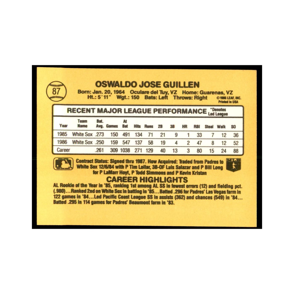 1987 Donruss Ozzie Guillen Baseball Cards #87