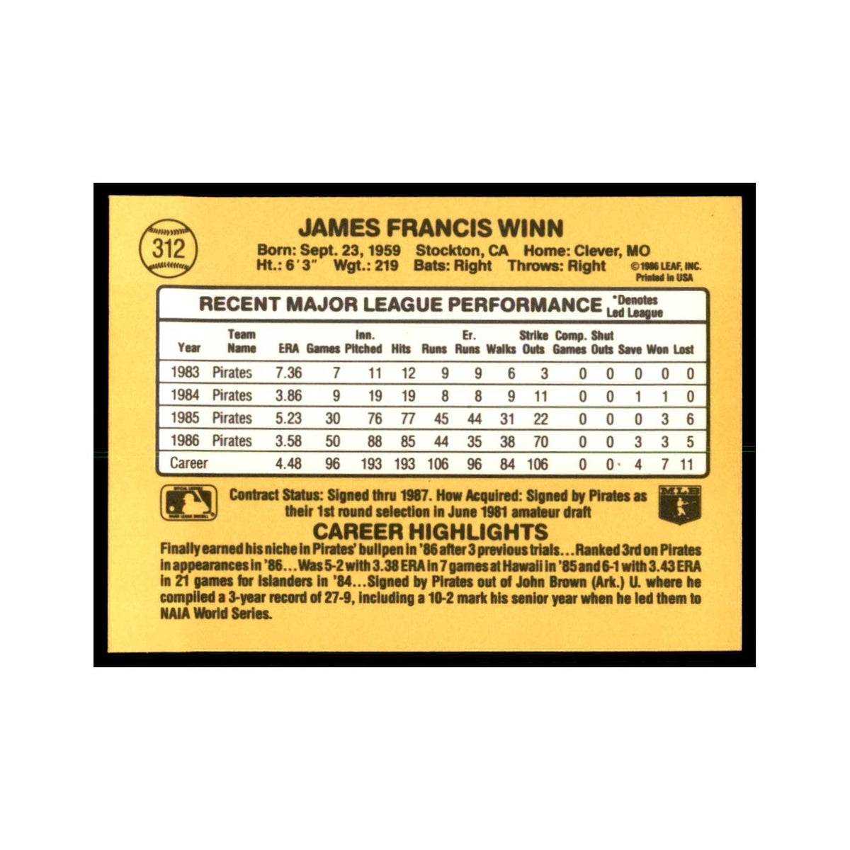 1987 Donruss Jim Winn Baseball Cards #312