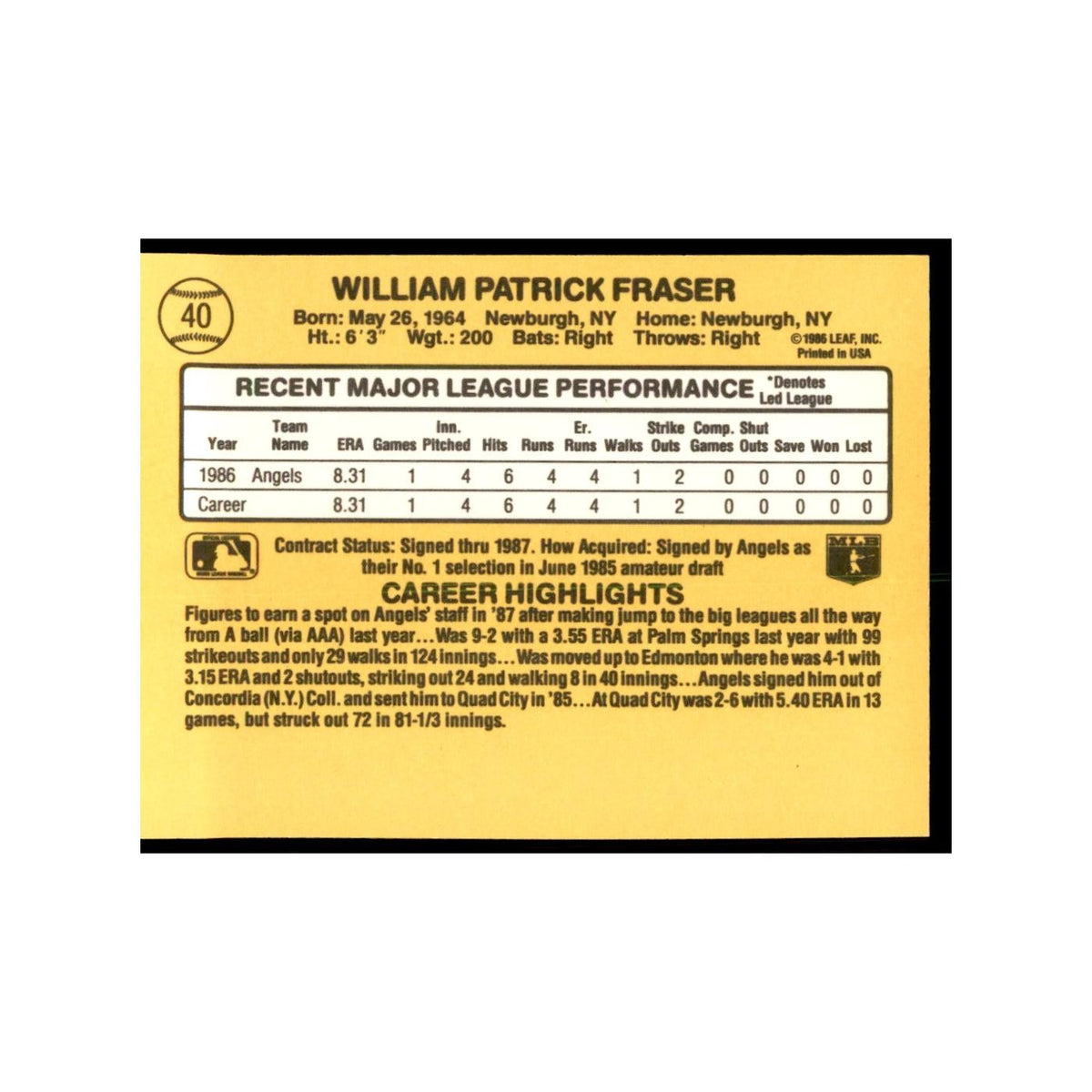 1987 Donruss Will Fraser Baseball Cards #40