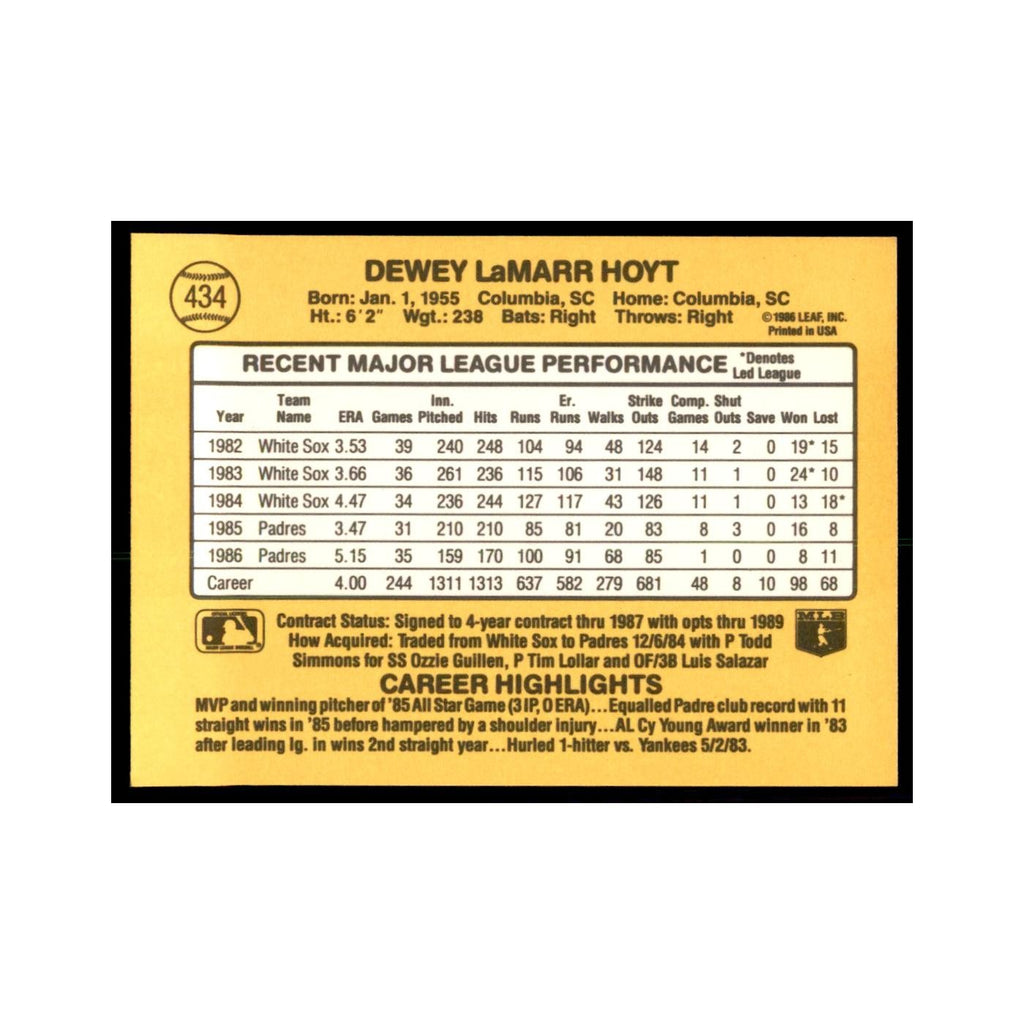1987 Donruss LaMarr Hoyt Baseball Cards #434