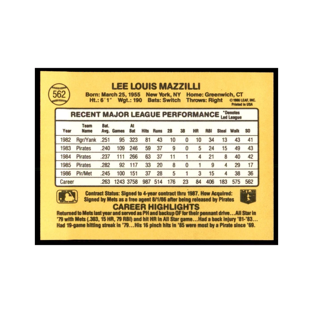 1987 Donruss Lee Mazzilli Baseball Cards #562