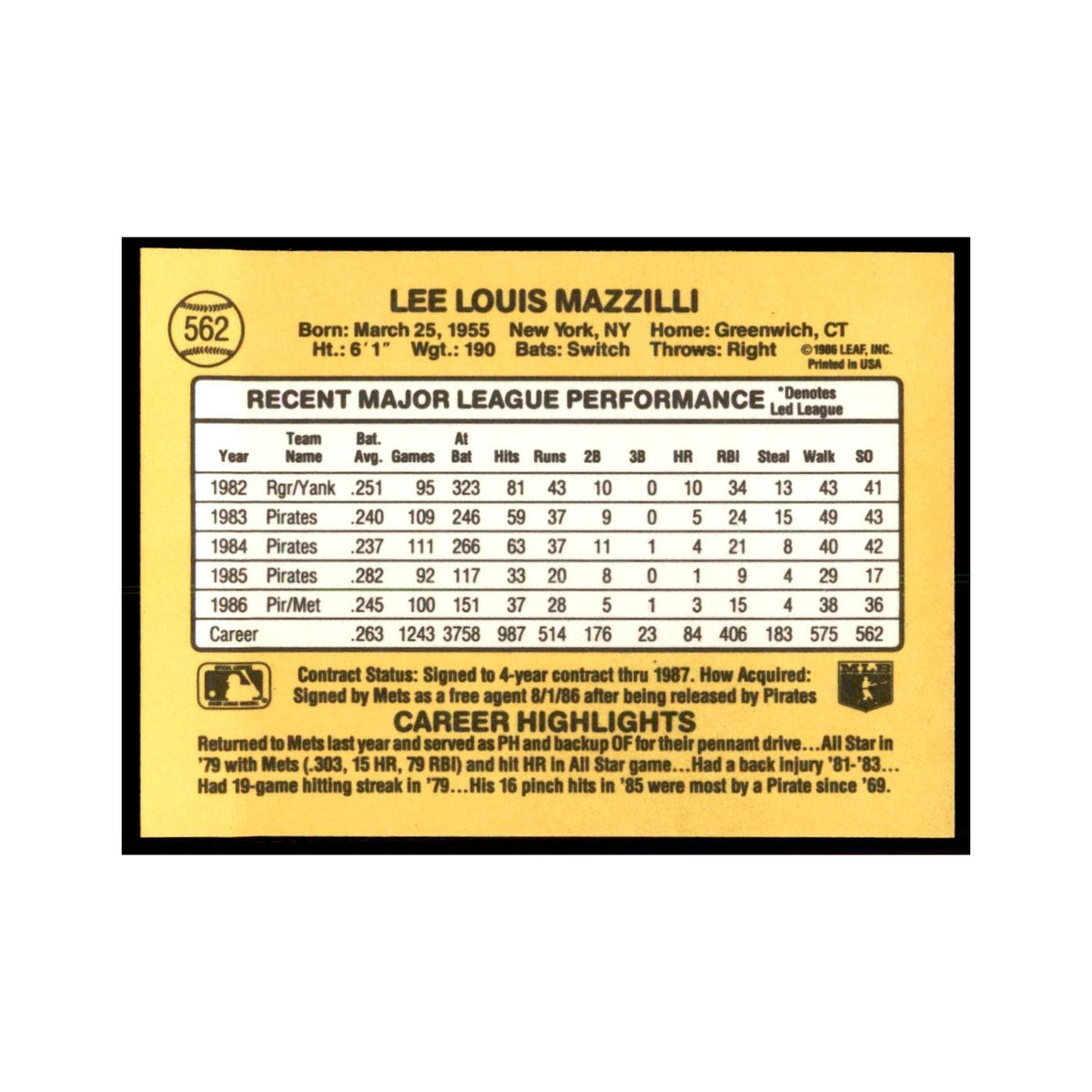 1987 Donruss Lee Mazzilli Baseball Cards #562
