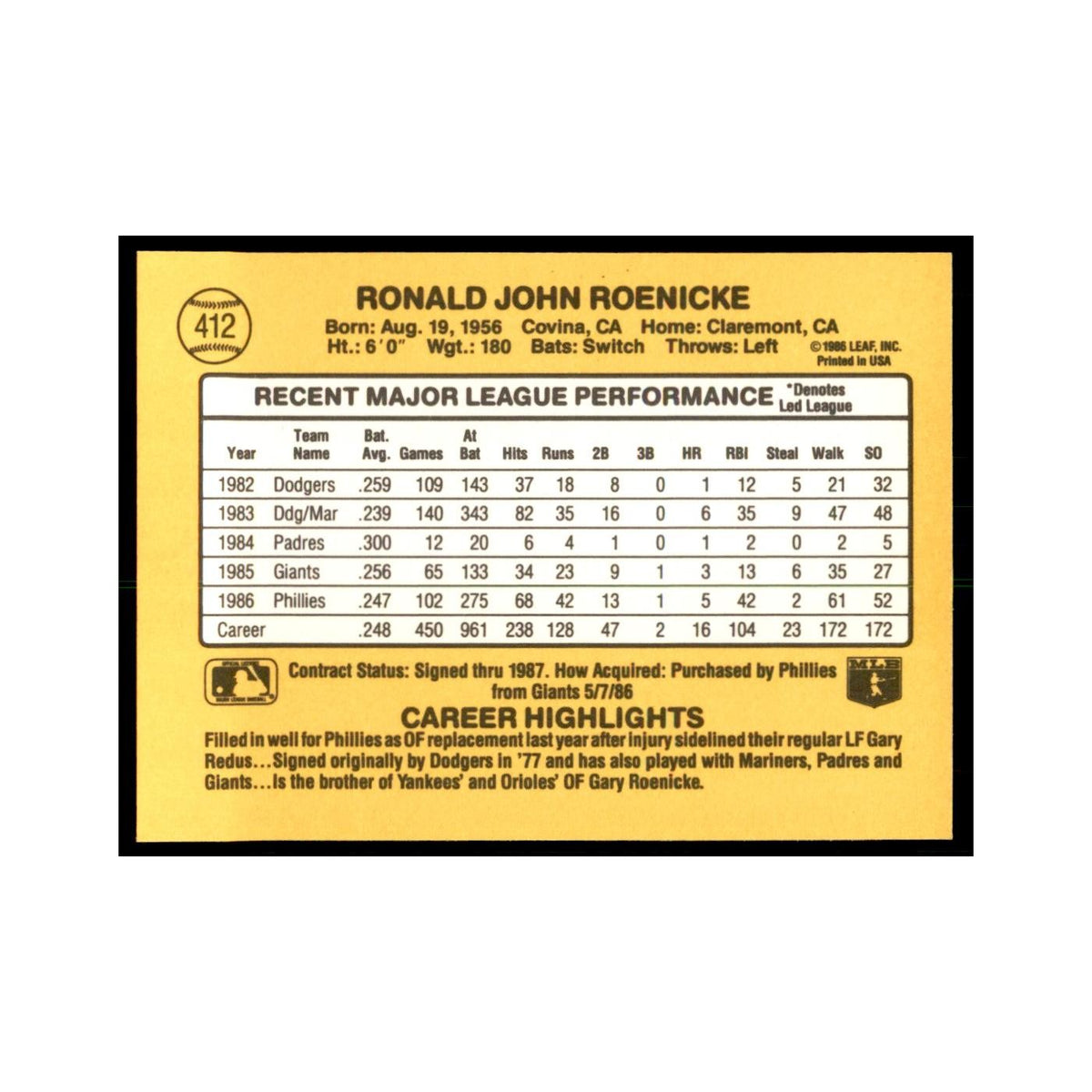 1987 Donruss Ron Roenicke Baseball Cards #412