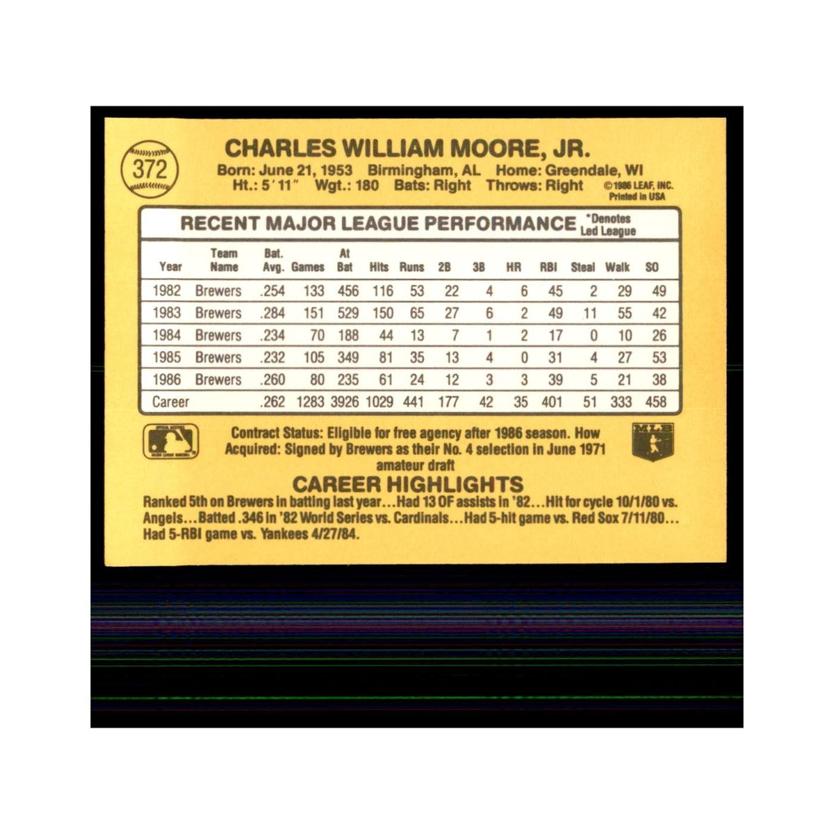 1987 Donruss Charlie Moore Baseball Cards #372