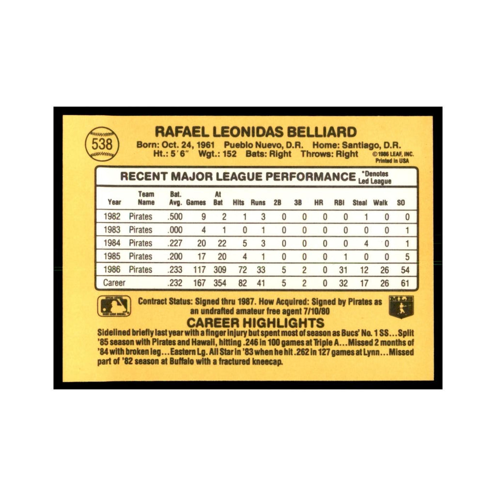 1987 Donruss Rafael Belliard Baseball Cards #538
