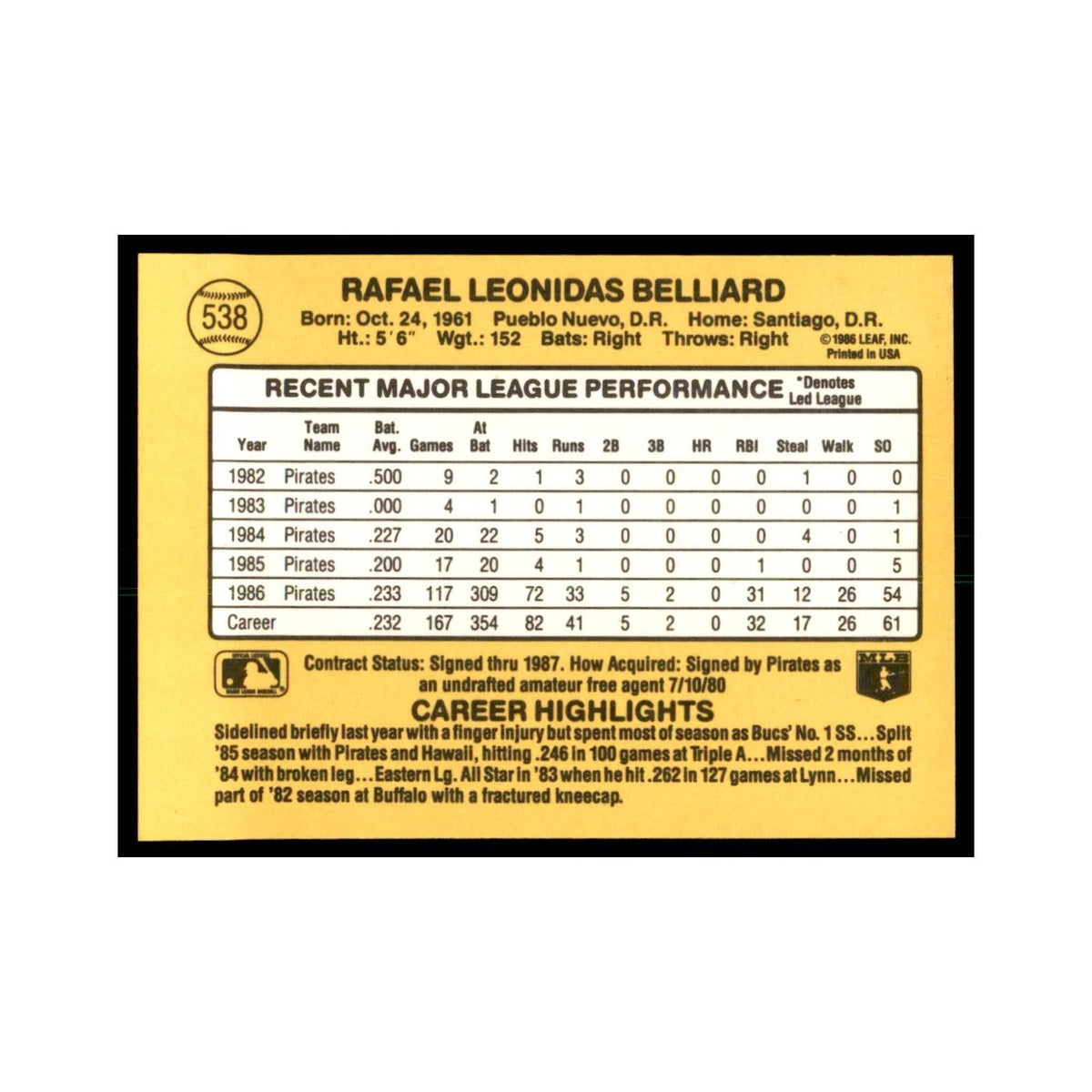 1987 Donruss Rafael Belliard Baseball Cards #538