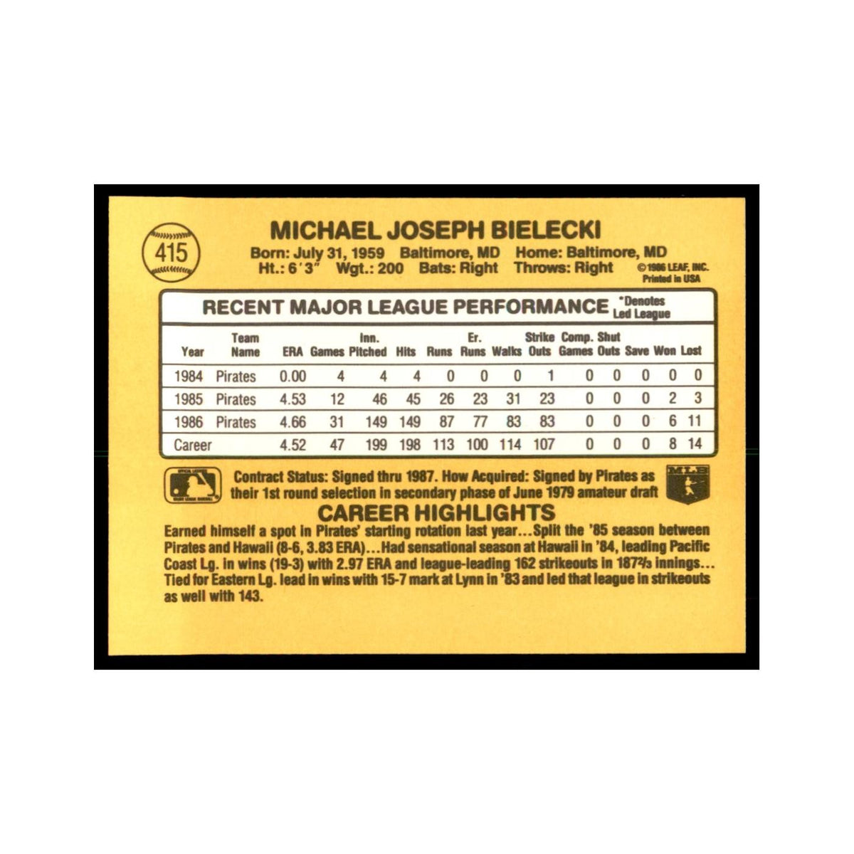 1987 Donruss Mike Bielecki Baseball Cards #415