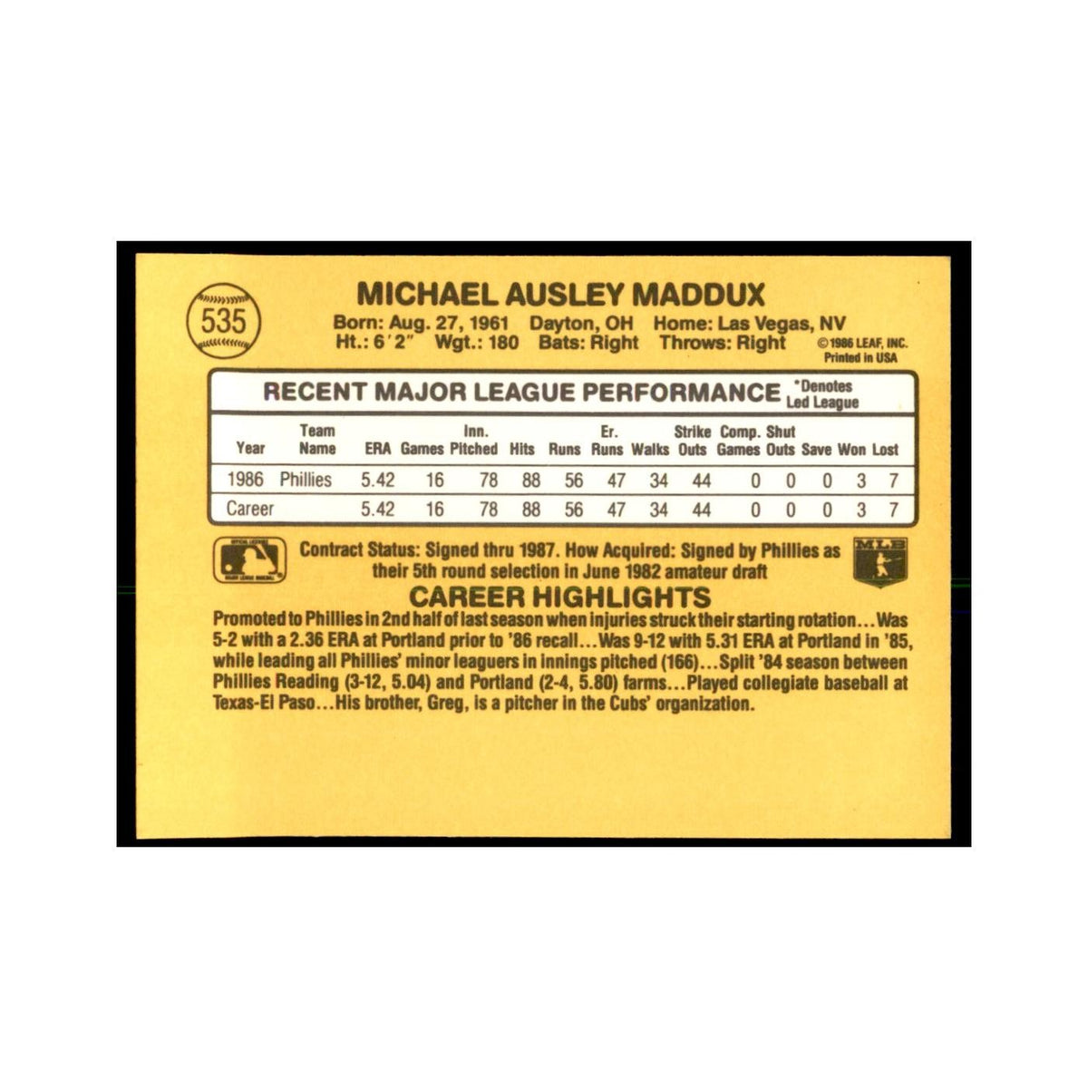 1987 Donruss Mike Maddux Baseball Cards #535