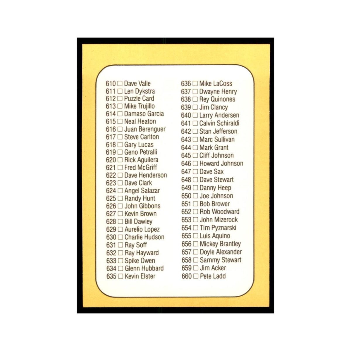 1987 Donruss Checklist Baseball Cards #600