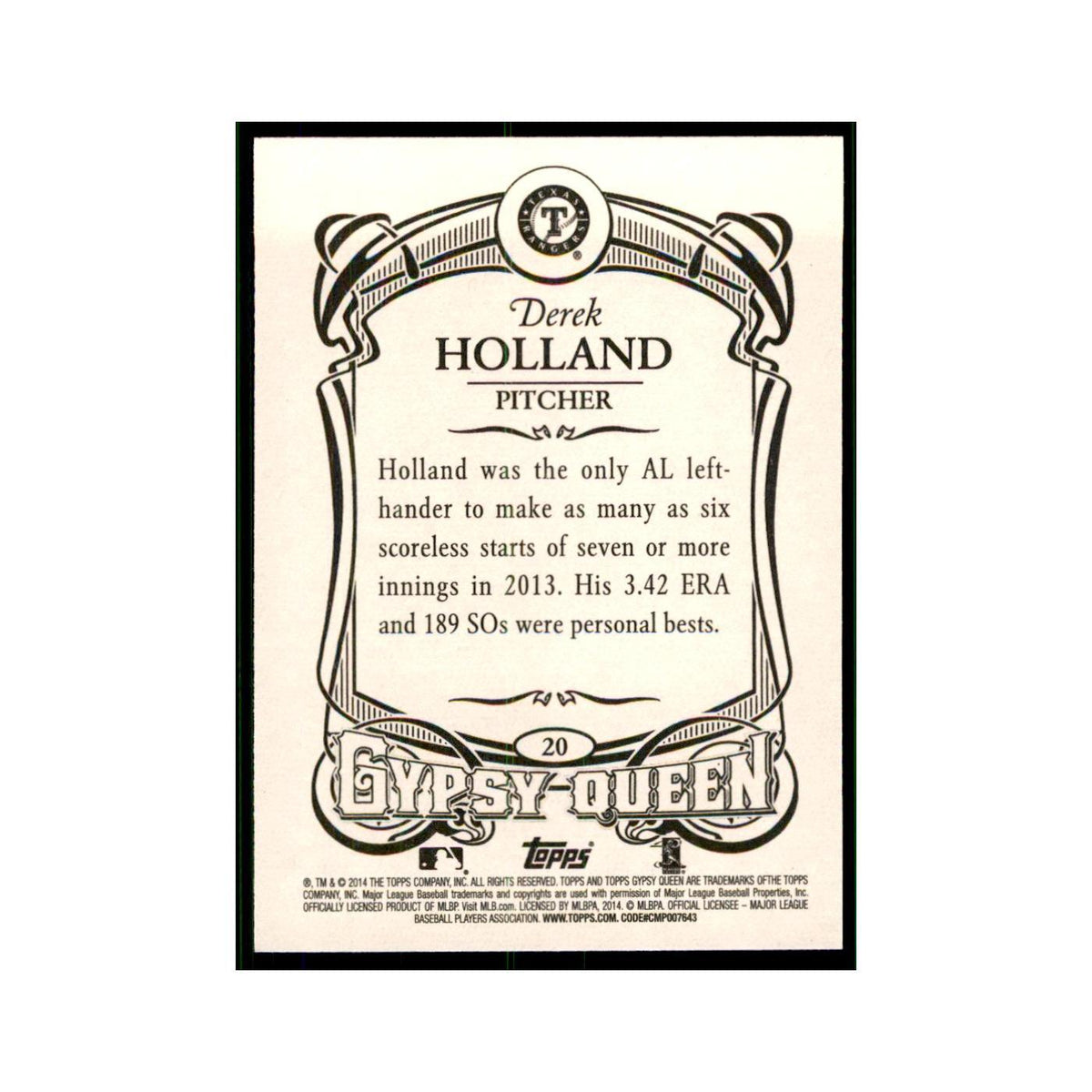 2014 Topps Gypsy Queen Derek Holland Rangers #20
