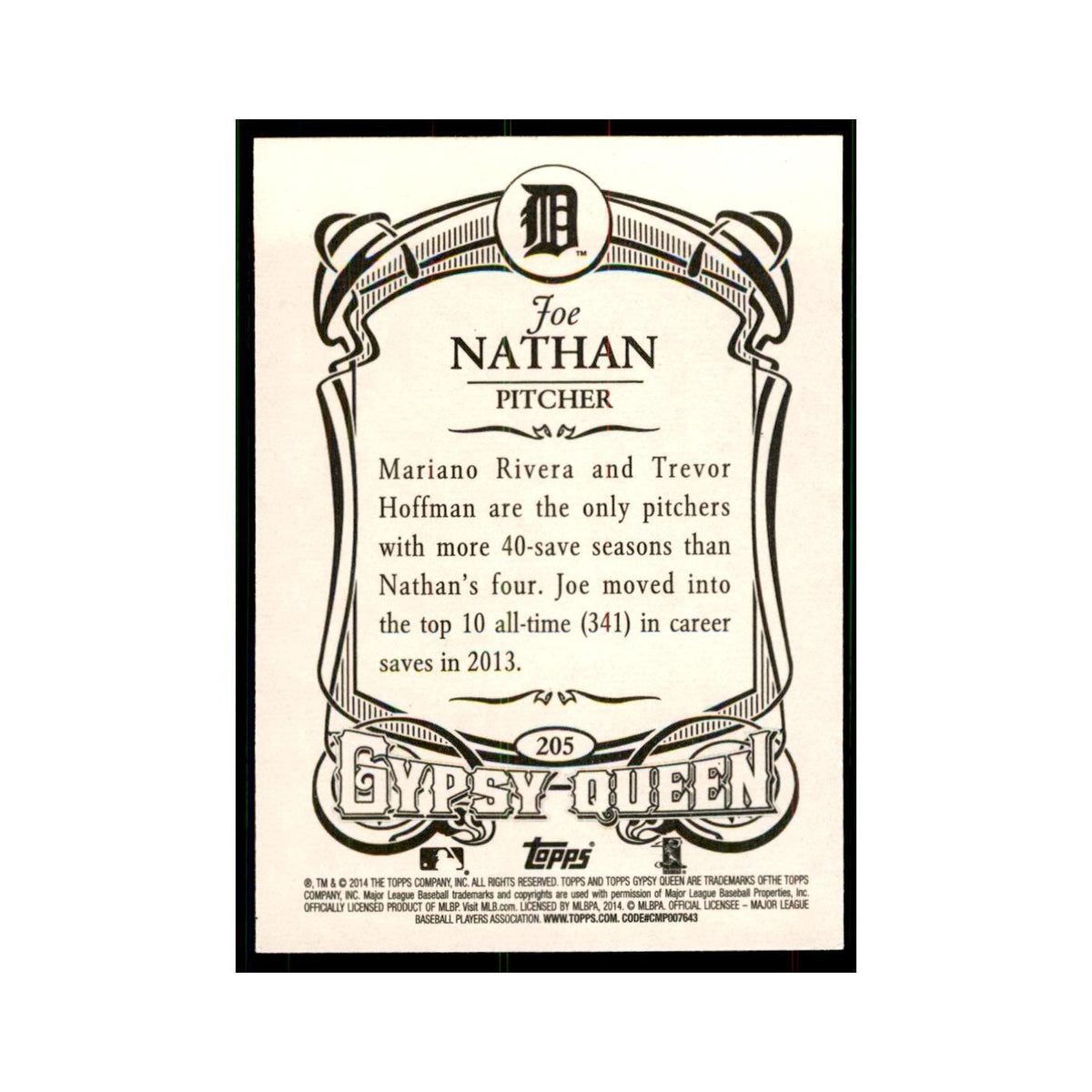 2014 Topps Gypsy Queen Joe Nathan Tigers #205
