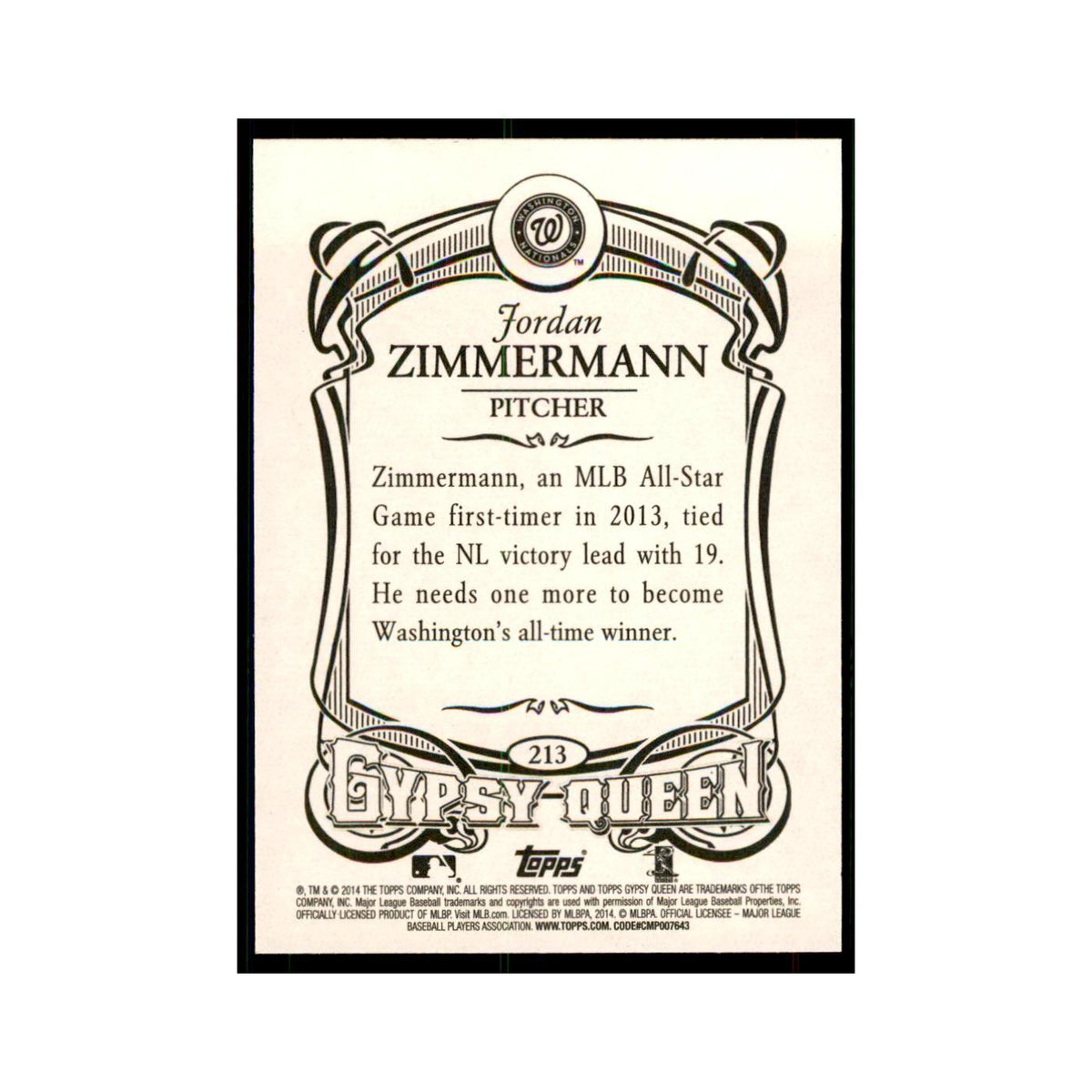 2014 Topps Gypsy Queen Jordan Zimmerman Nationals #213