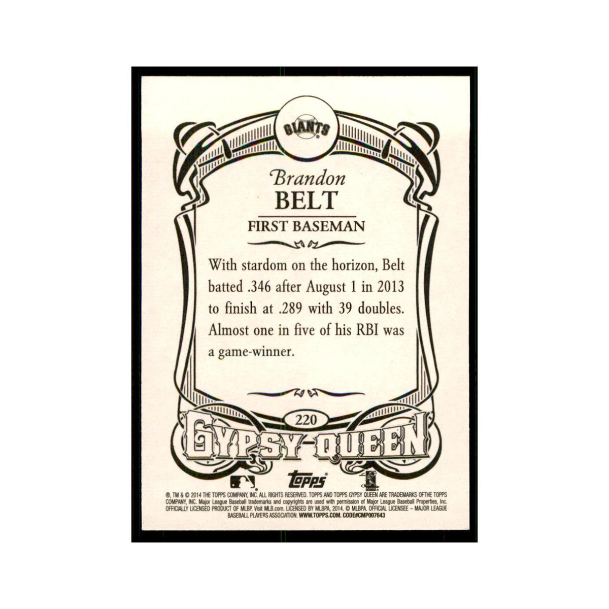 2014 Topps Gypsy Queen Brandon Belt Giants #220