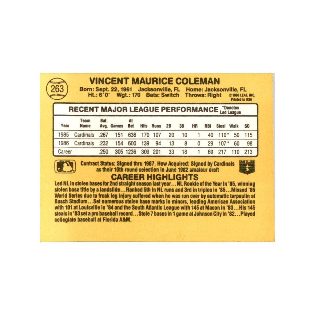 1987 Donruss Vince Coleman Baseball Cards #263
