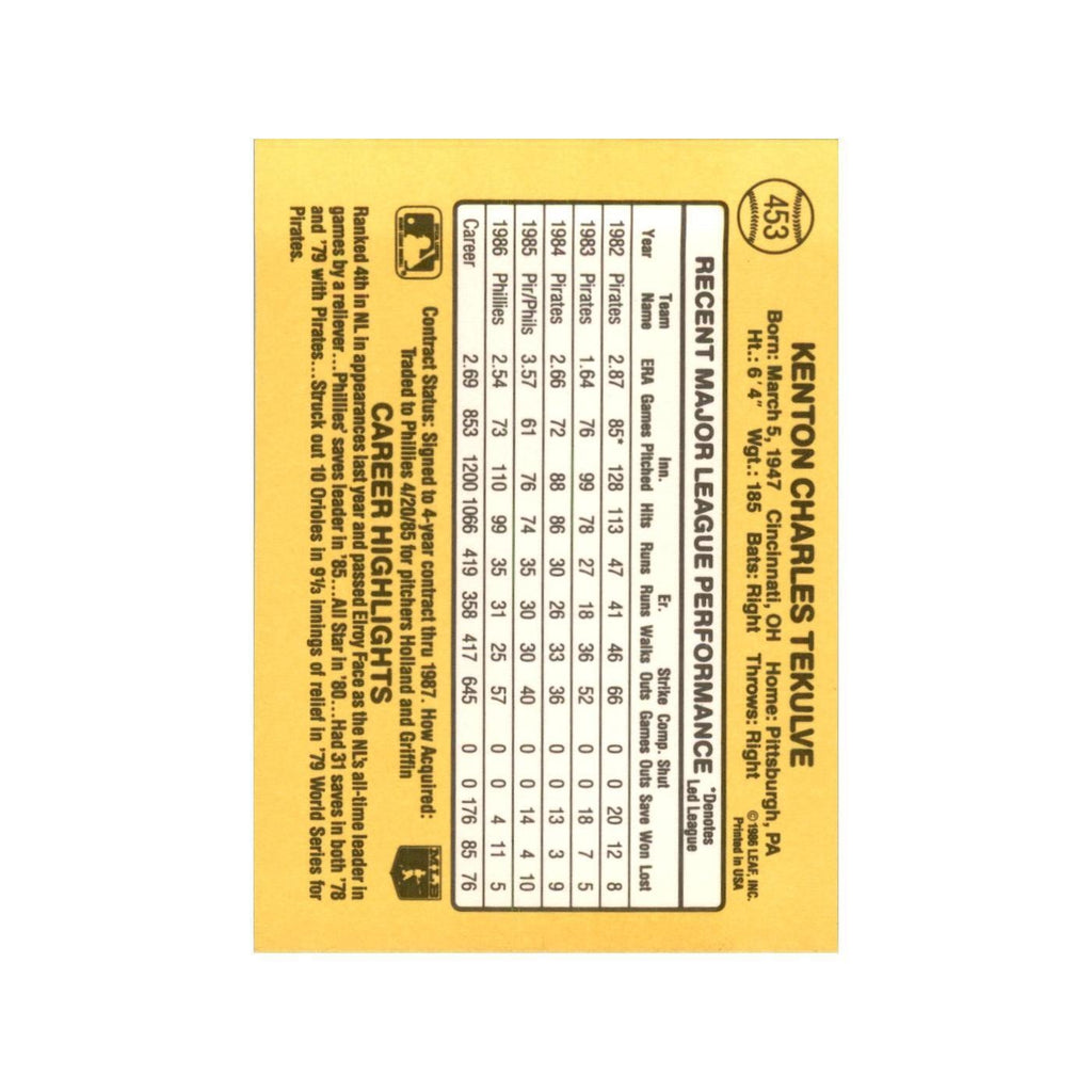 1987 Donruss Kent Tekulve Baseball Cards #453