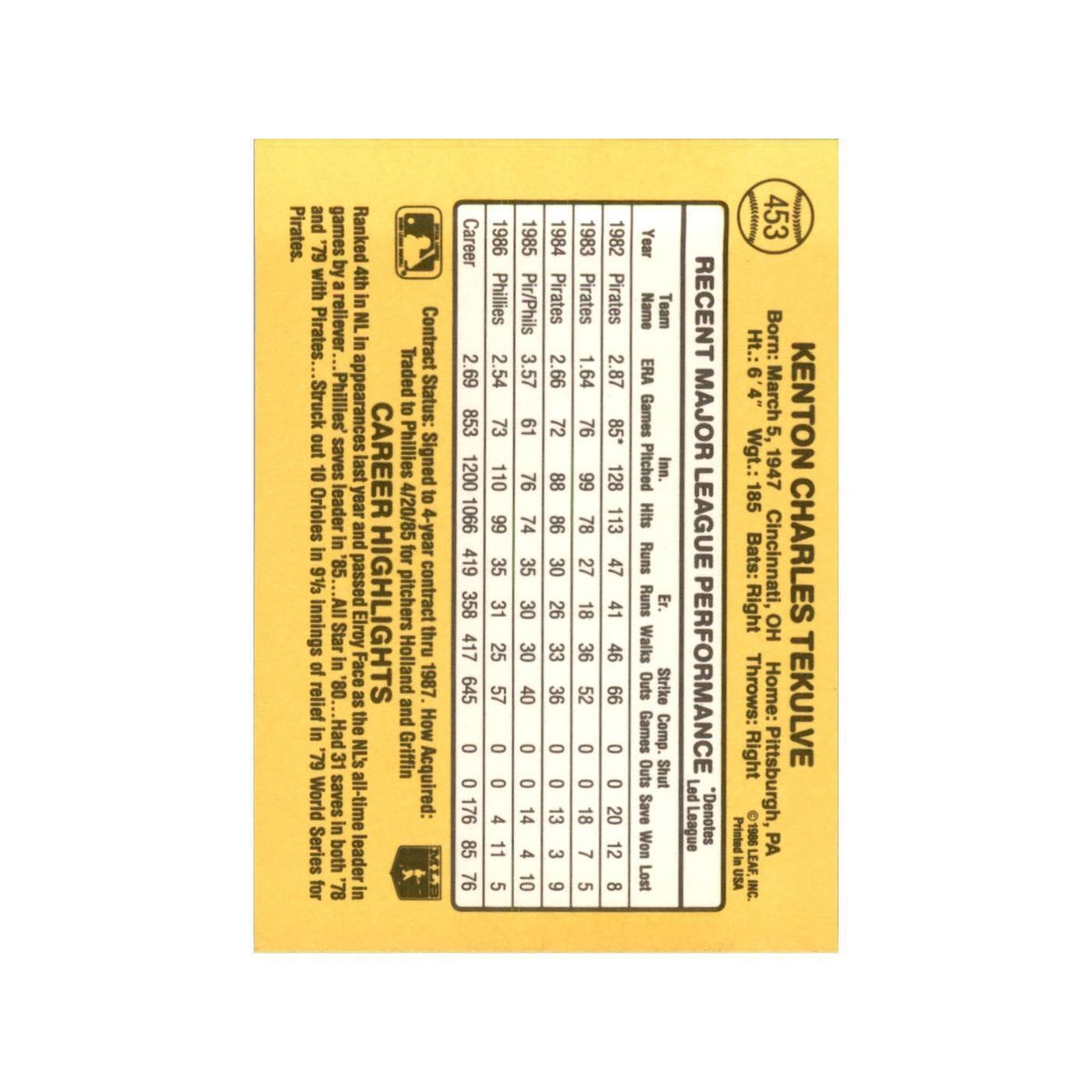 1987 Donruss Kent Tekulve Baseball Cards #453