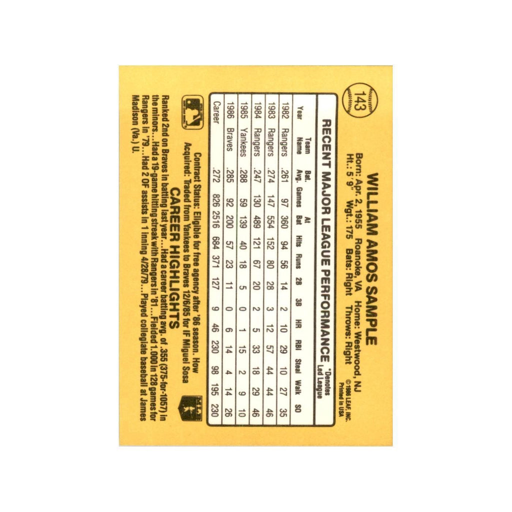 1987 Donruss Billy Sample Baseball Cards #143