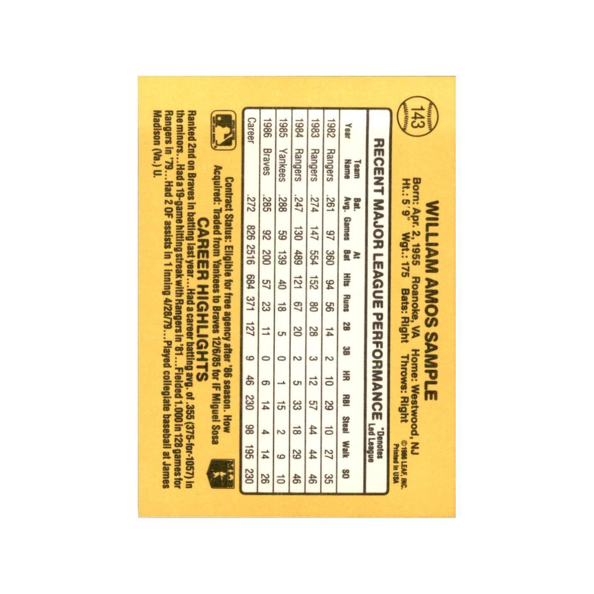 1987 Donruss Billy Sample Baseball Cards #143
