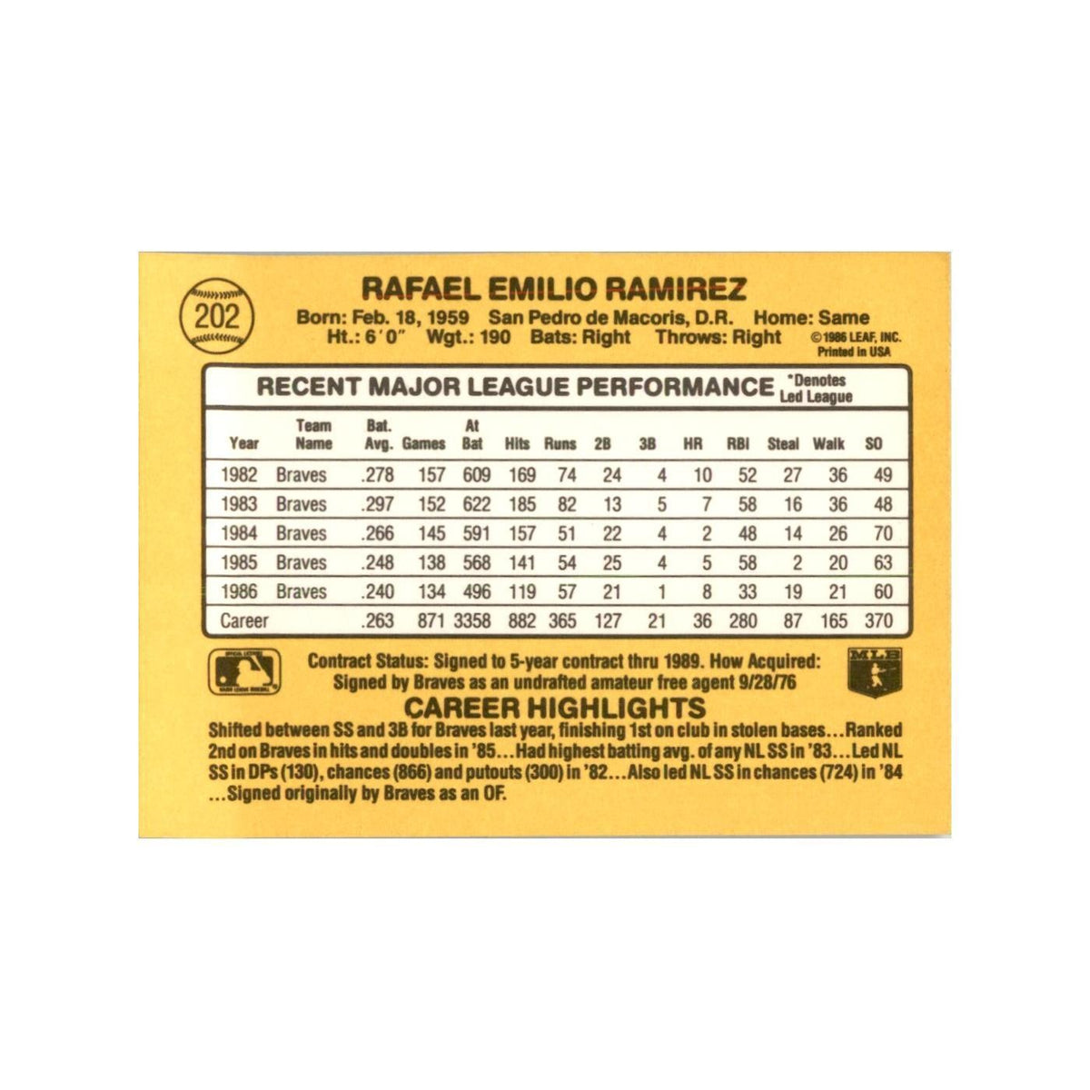 1987 Donruss Rafael Ramirez Baseball Cards #202
