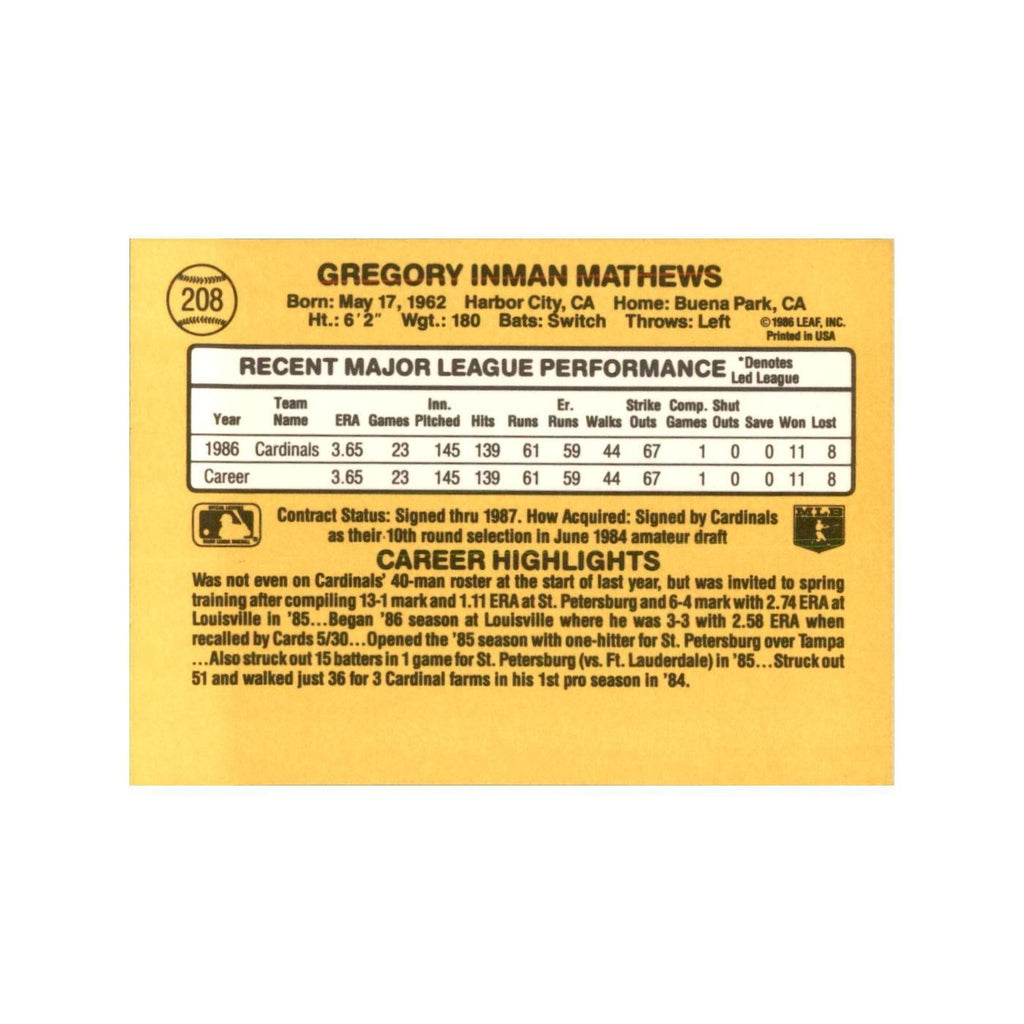 1987 Donruss Greg Mathews Baseball Cards #208