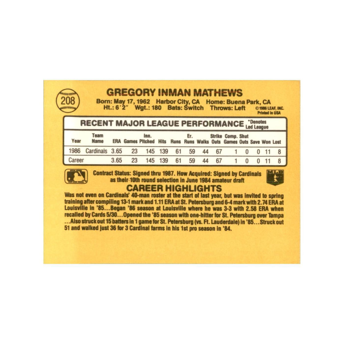1987 Donruss Greg Mathews Baseball Cards #208