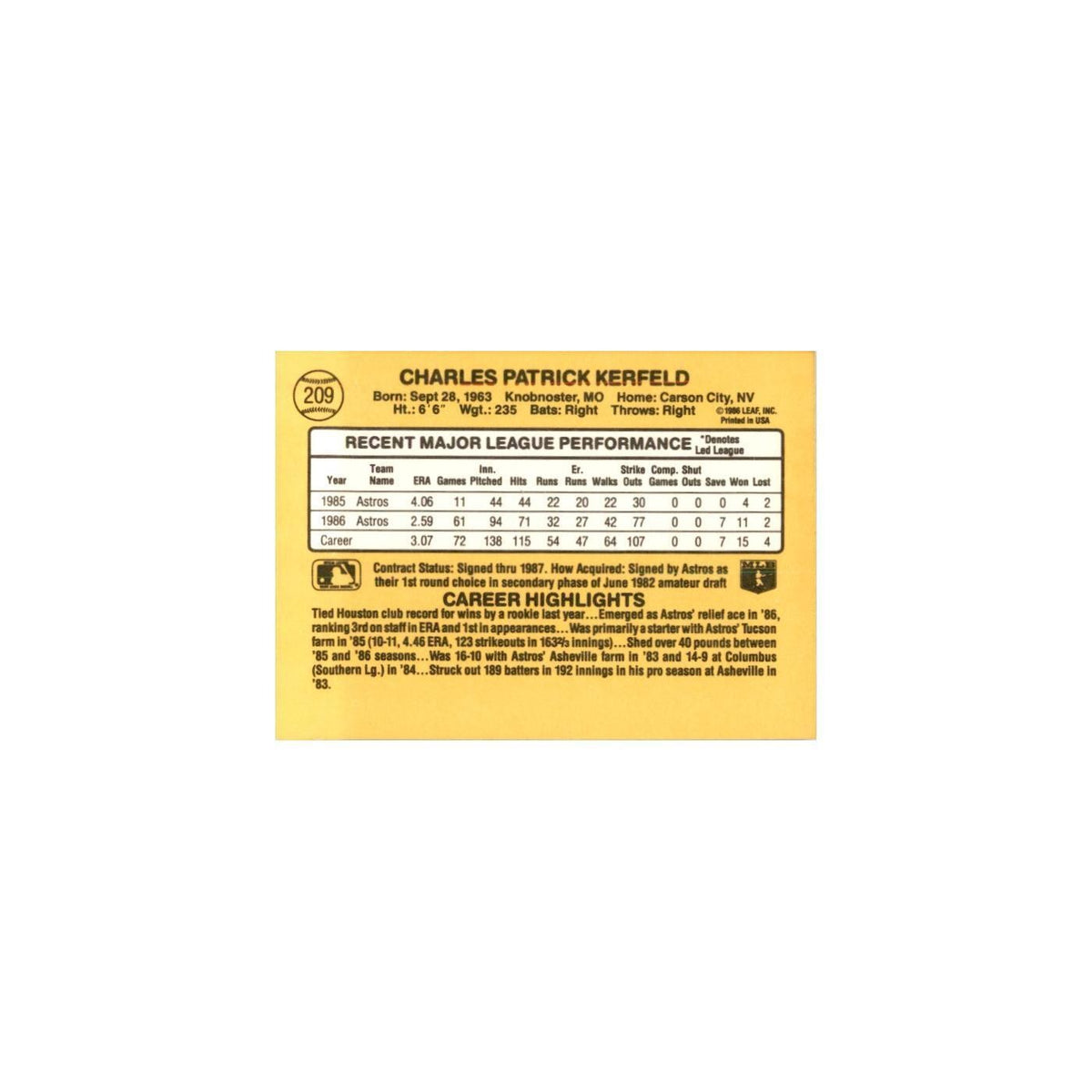 1987 Donruss Charlie Kerfeld Baseball Cards #209