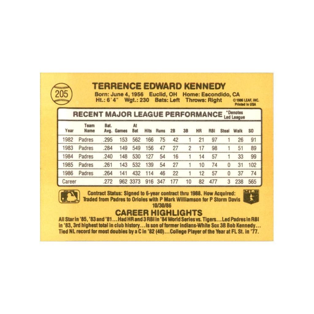 1987 Donruss Terry Kennedy Baseball Cards #205