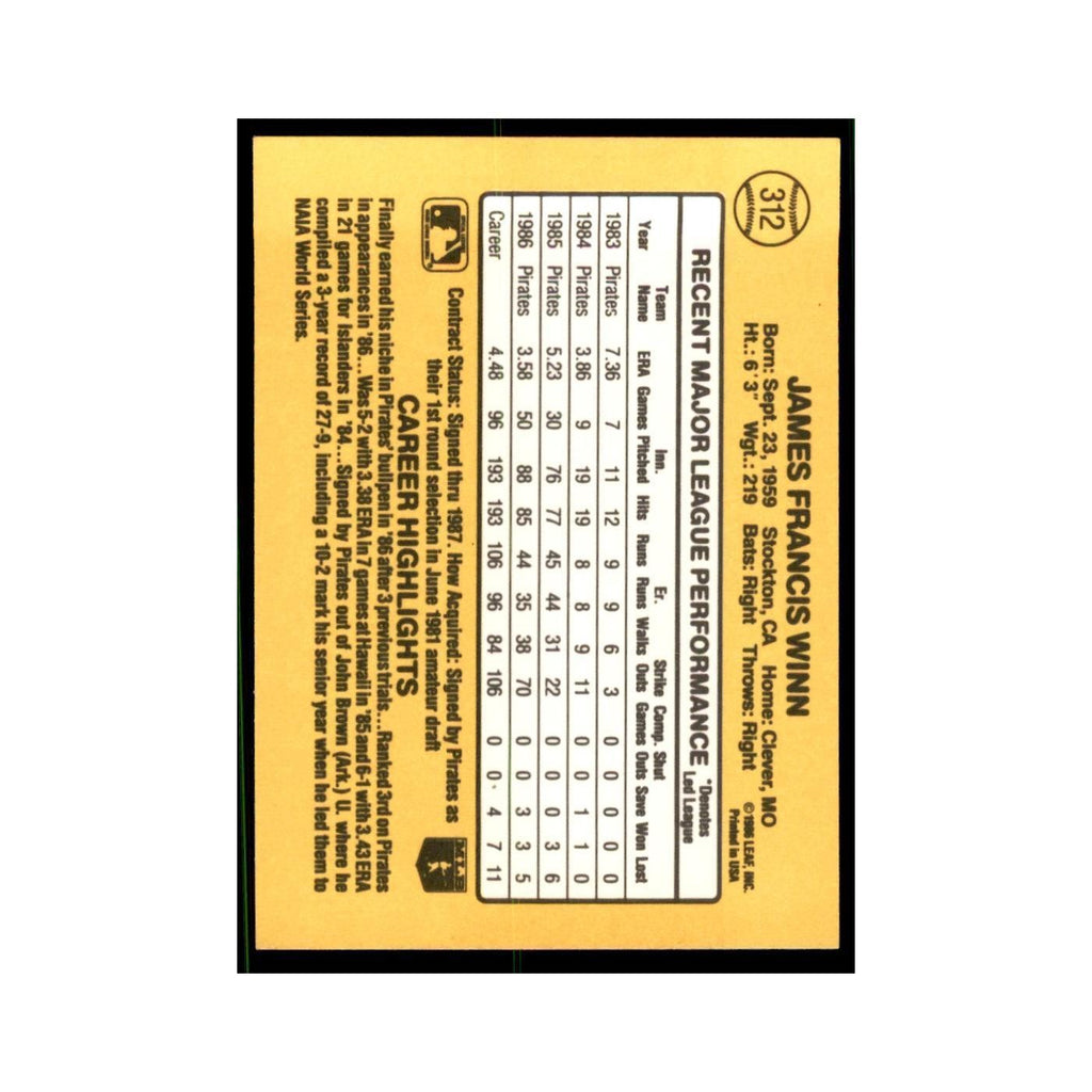 1987 Donruss Jim Winn Baseball Cards #312
