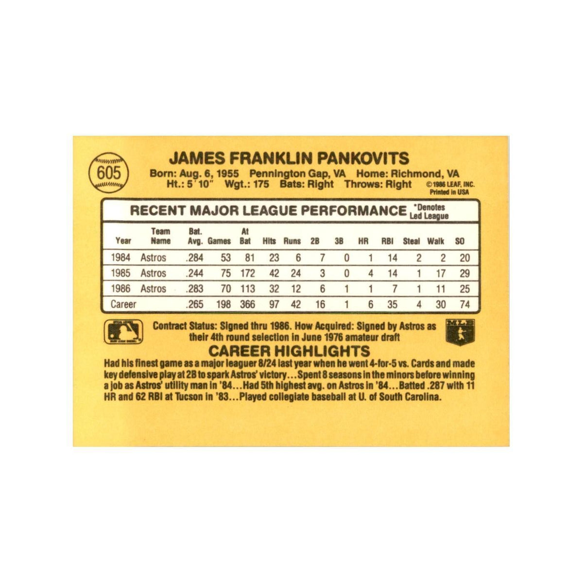 1987 Donruss Jim Pankovits Baseball Cards #605