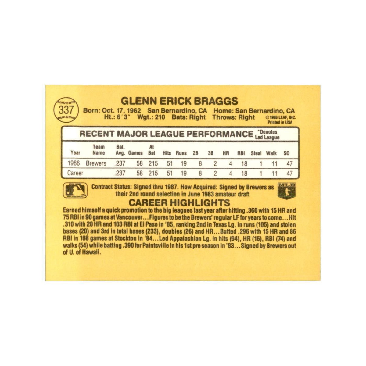 1987 Donruss Glenn Braggs Baseball Cards #337