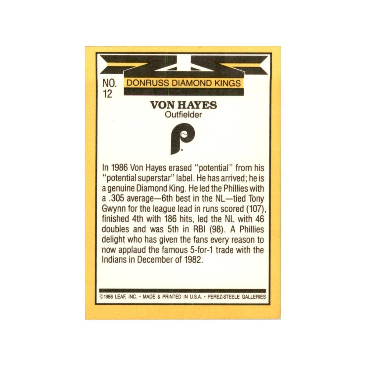 1987 Donruss Von Hayes Baseball Cards #12