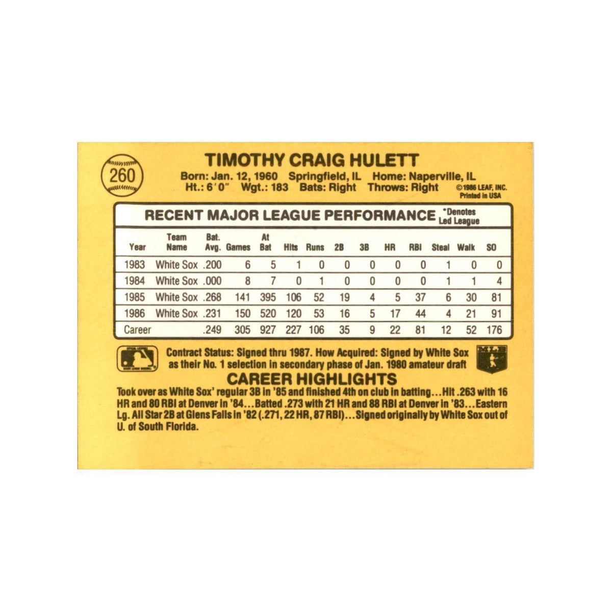 1987 Donruss Tim Hulett Baseball Cards #260