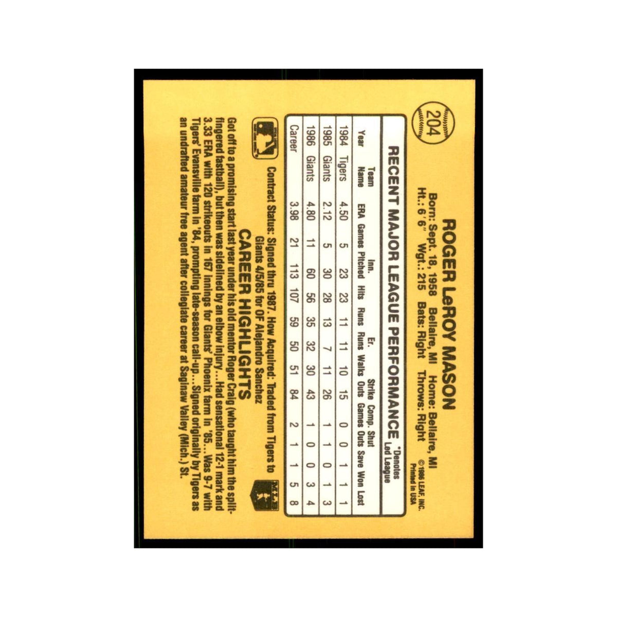 1987 Donruss Roger Mason Baseball Cards #204