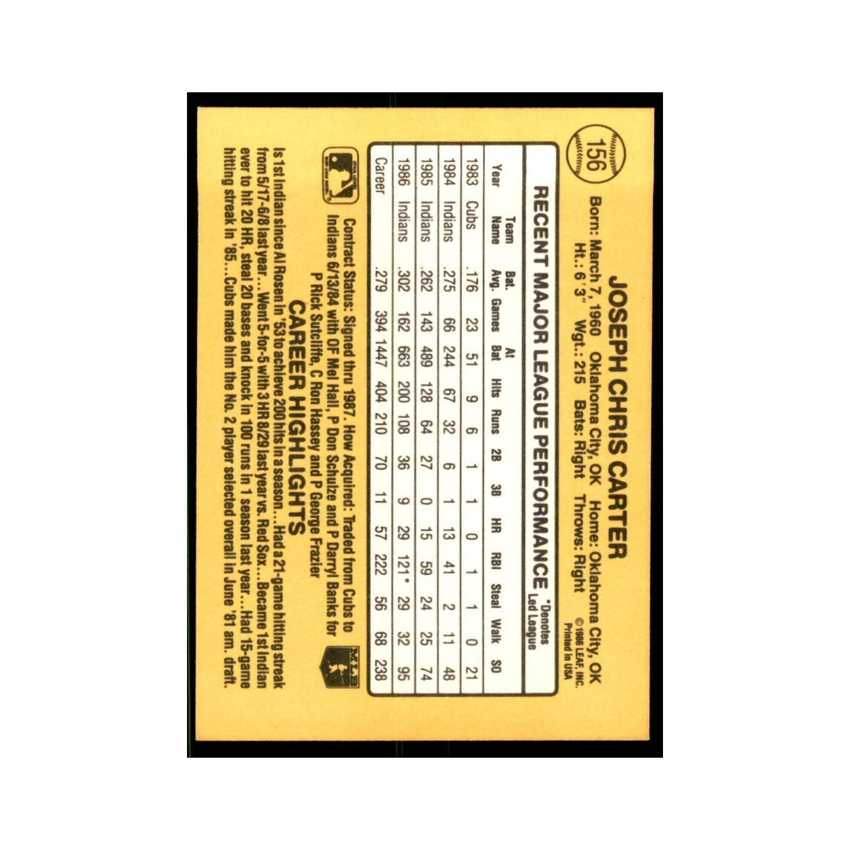 1987 Donruss Joe Carter Baseball Cards #156