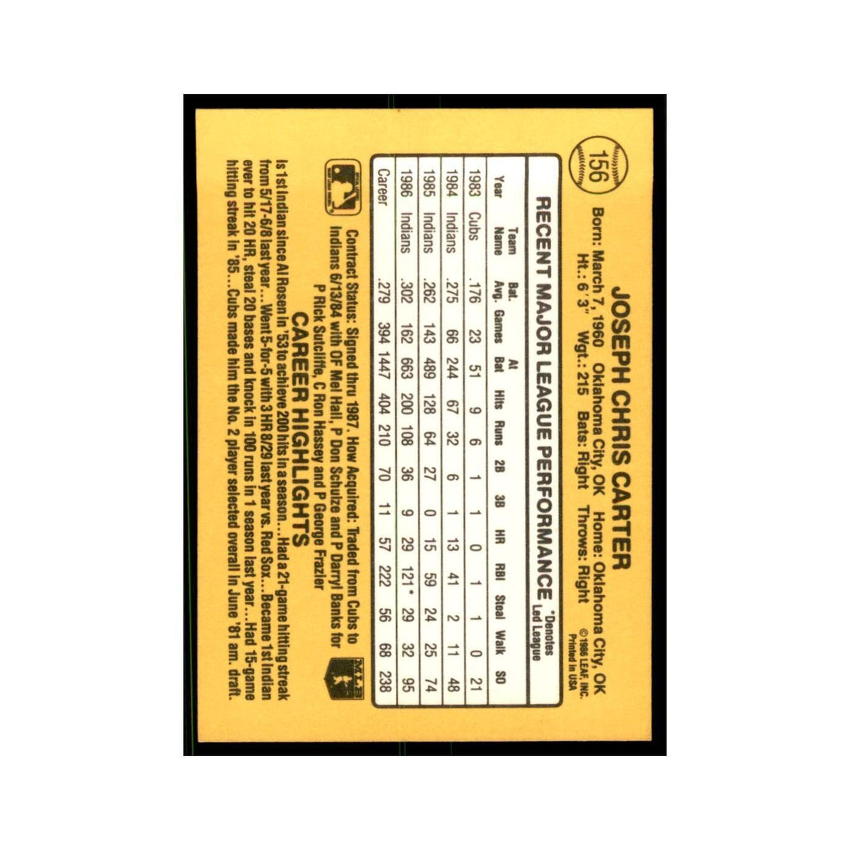 1987 Donruss Joe Carter Baseball Cards #156