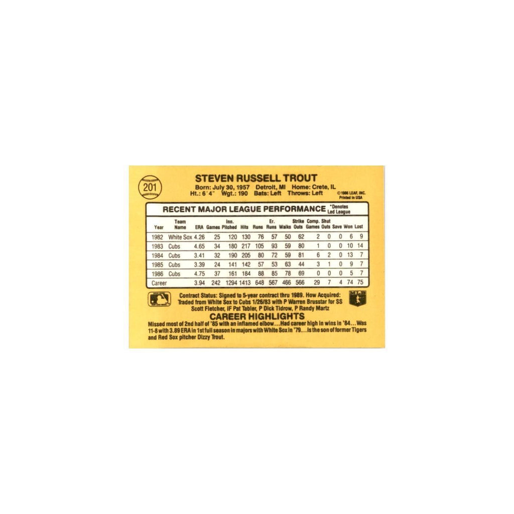 1987 Donruss Steve Trout Baseball Cards #201