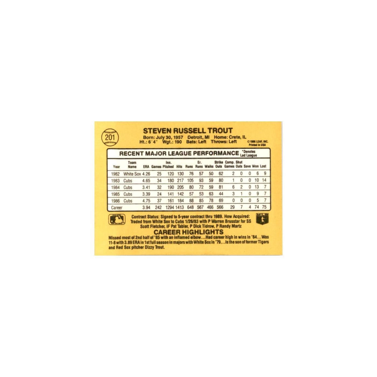 1987 Donruss Steve Trout Baseball Cards #201