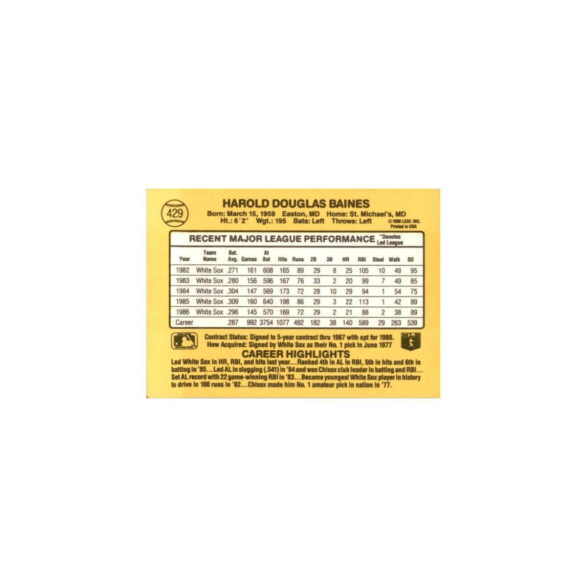 1987 Donruss Harold Baines Baseball Cards #429
