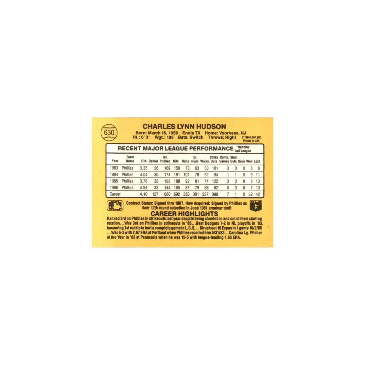 1987 Donruss Charlie Hudson Baseball Cards #630