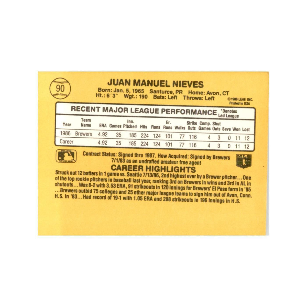 1987 Donruss Juan Nieves Baseball Cards #90