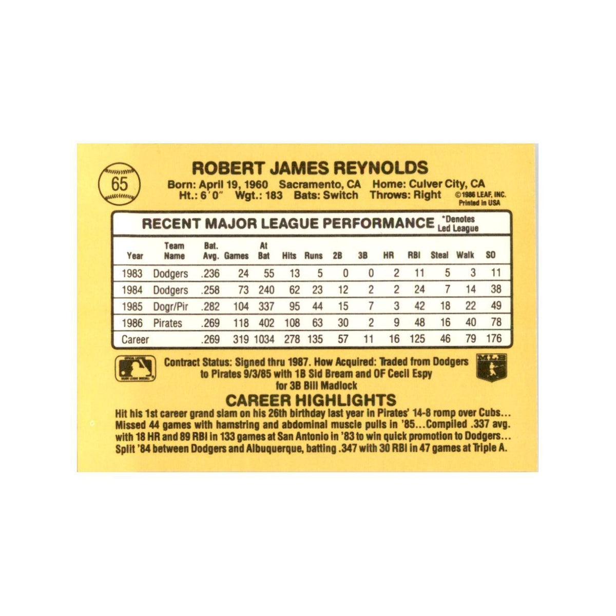 1987 Donruss R.J. Reynolds Baseball Cards #65