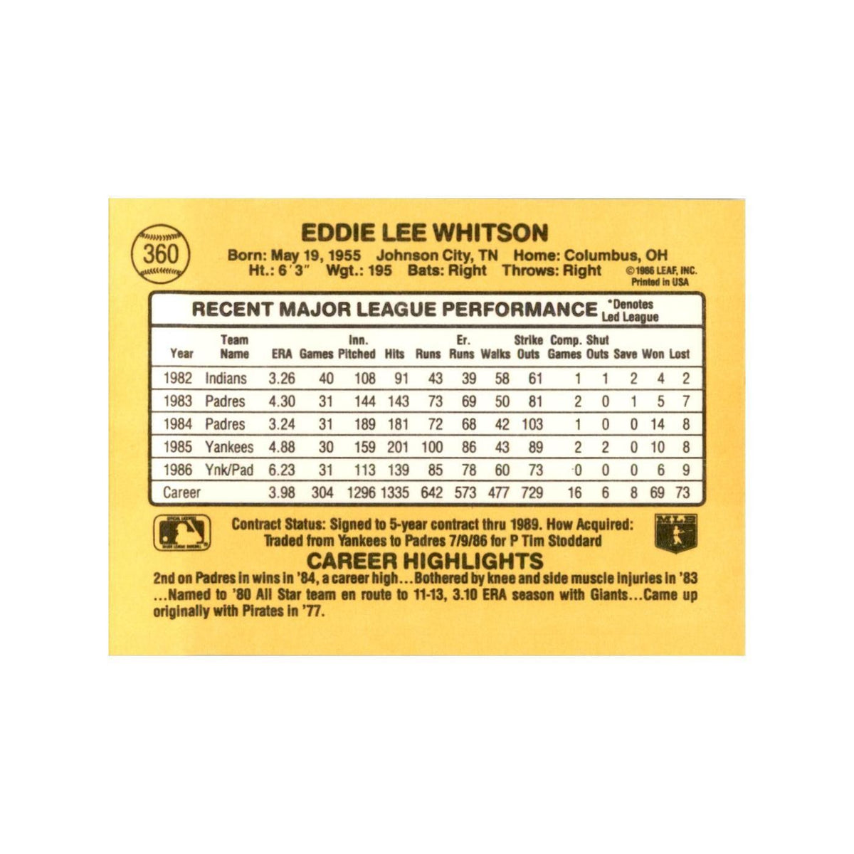 1987 Donruss Ed Whitson Baseball Cards #360