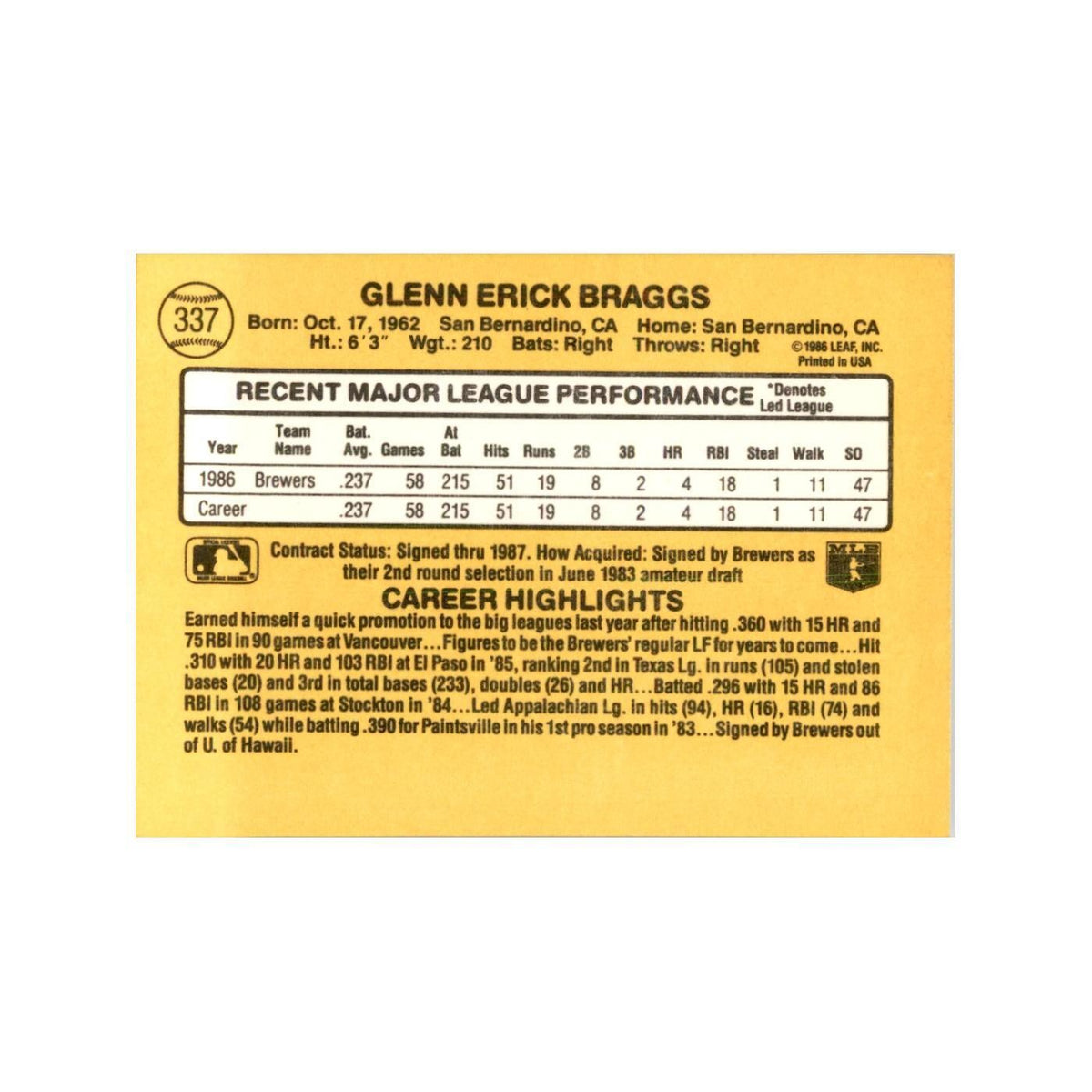 1987 Donruss Glenn Braggs Baseball Cards #337